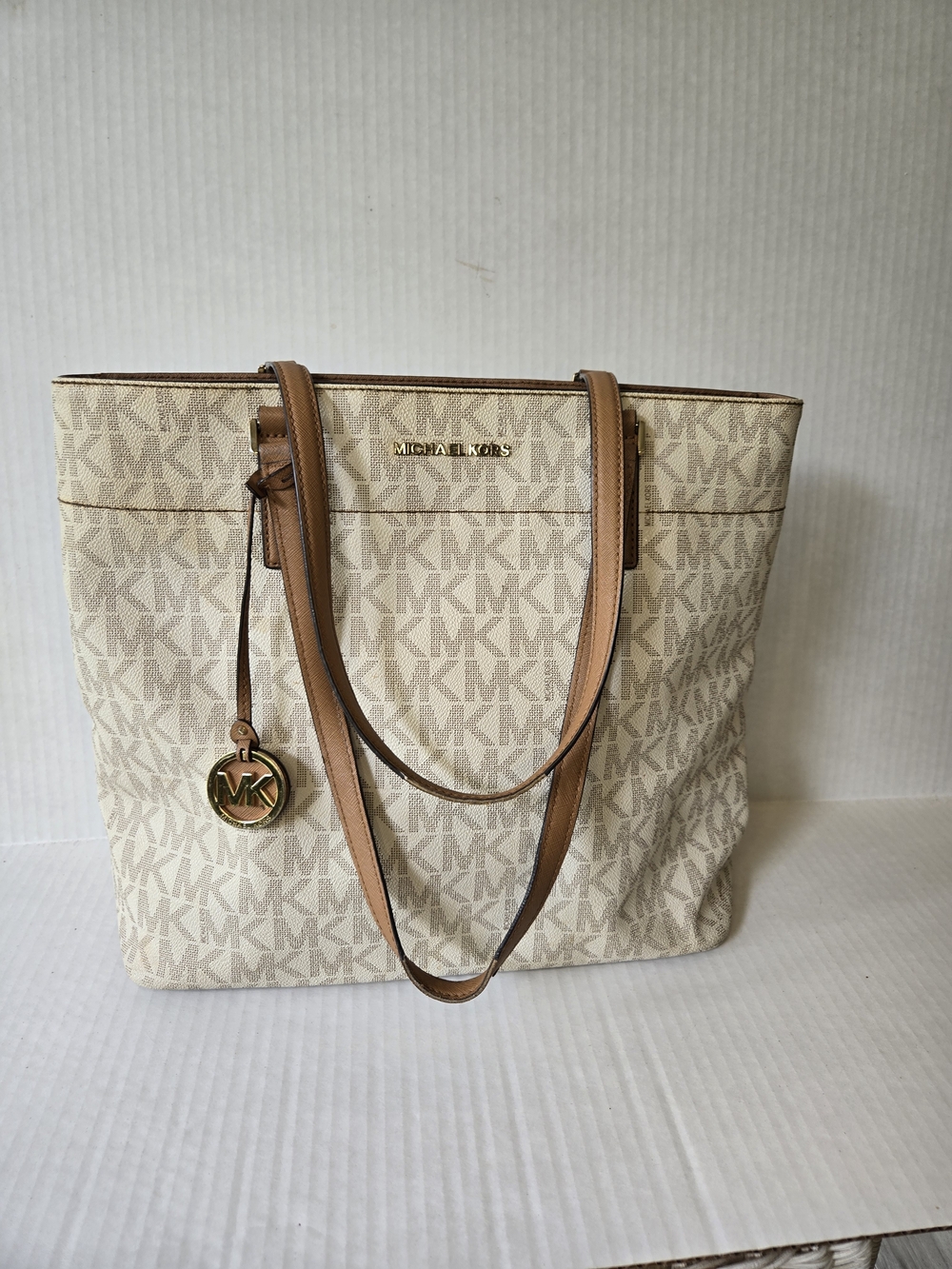 Michael Kors Cream Signature MK Tote with Tan Leather Straps